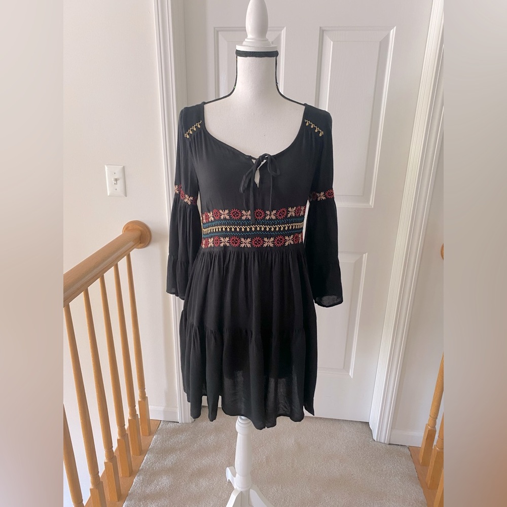 American Eagle Black Embroidered Boho Dress